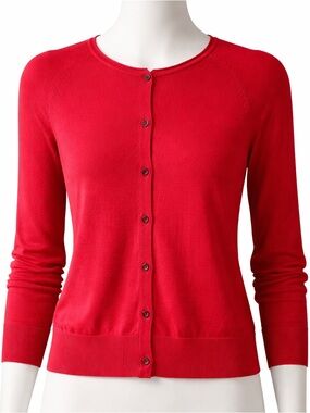LOFT Bright Red Button-Up Crewneck Lightweight Wool Blend Cardigan